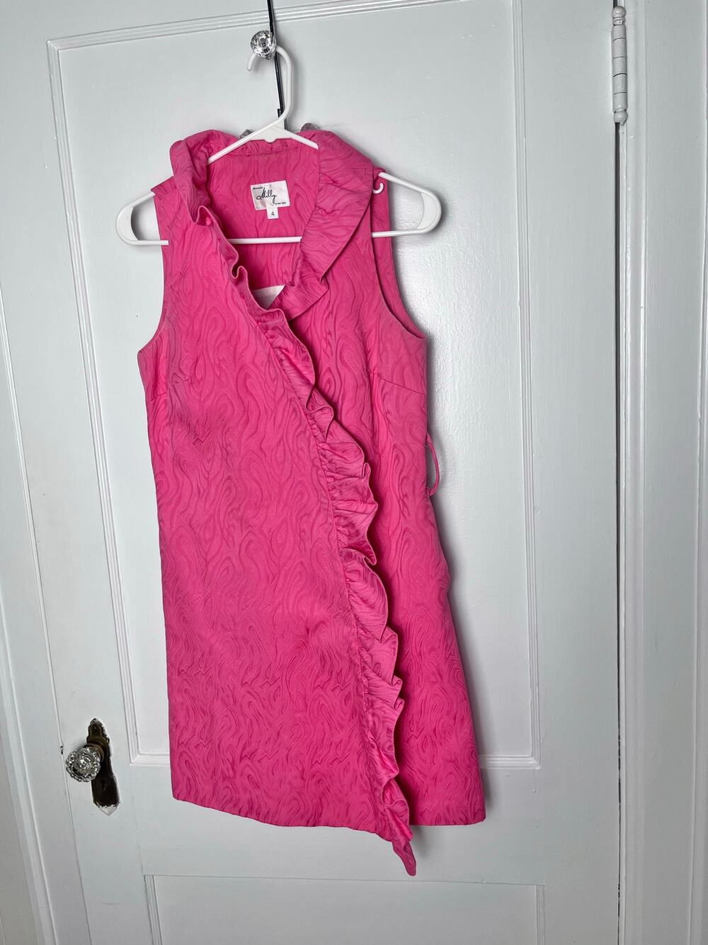 Milly Women's Preppy Pink Jacquard Ruffle Sleeveless Shift Short Dress Size 4